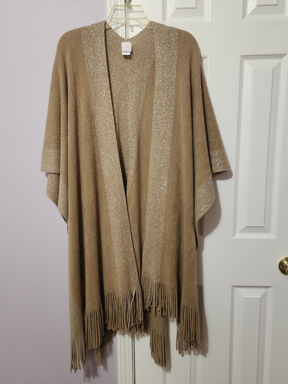 Fringed Taupe Knit Open-Front Poncho with Metallic Trim